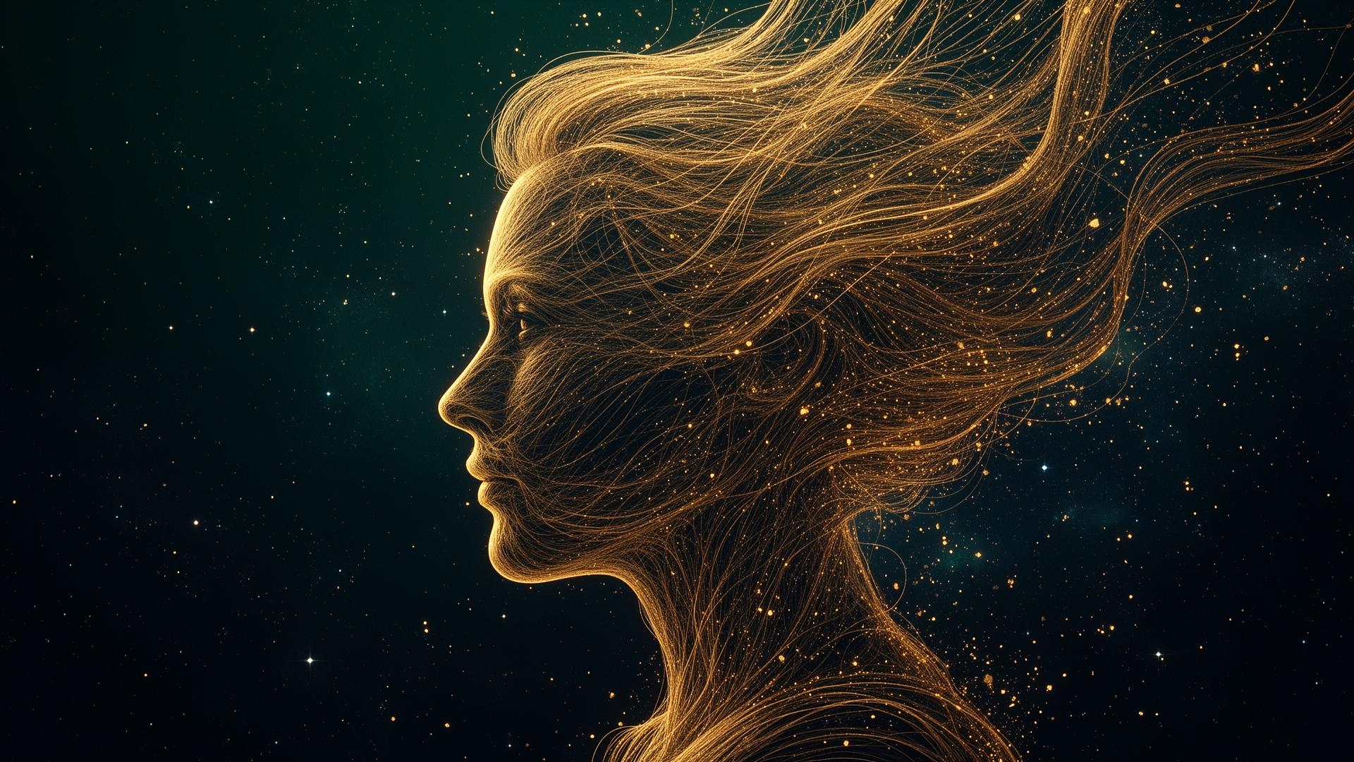 Echo of humanity — a silhouette woven from golden threads and stars