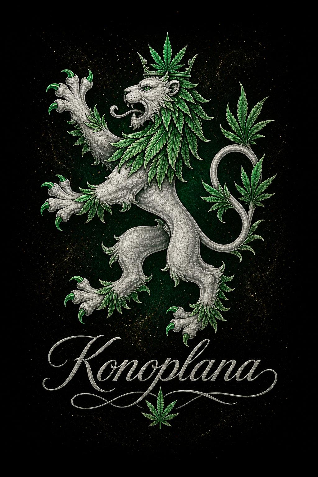 Heraldic Konoplana lion — silver rampant lion with a hemp-leaf mane, crown and tail, with the Konoplana wordmark beneath