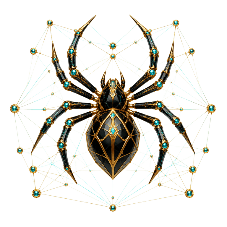 LOVE Spider emblem — geometric obsidian and gold semi-robotic spider weaving glowing gold and turquoise liquidity threads into a decentralized mesh network