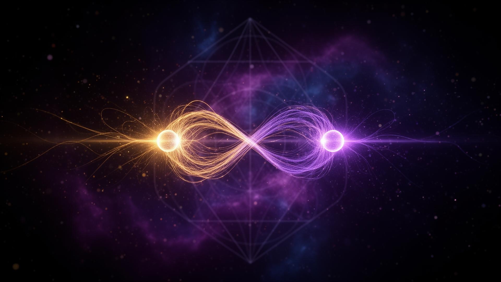 Abstract visualization of two entangled quantum particles connected by a light bridge — symbol of quantum entanglement and post-quantum cryptography in LOVE SAFE Wallet