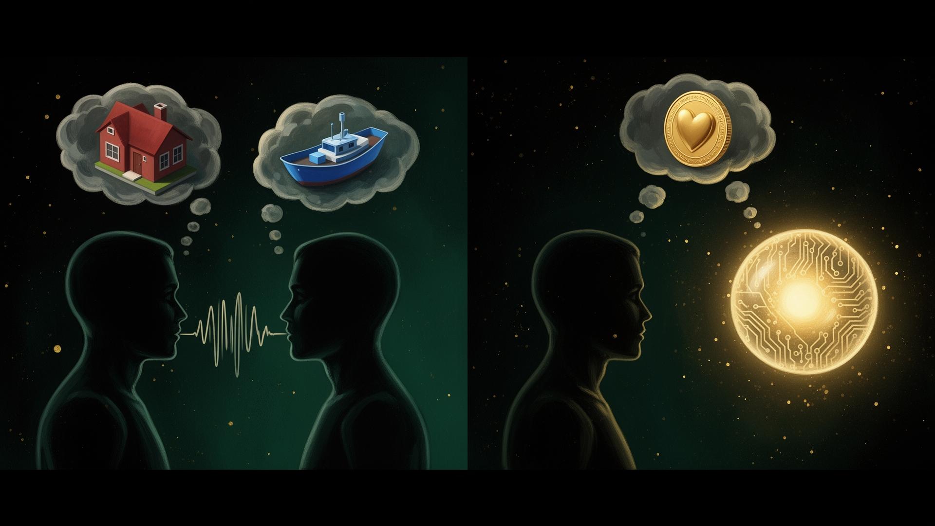 Two humans with different thought bubbles vs. a human and AI sharing one thought bubble