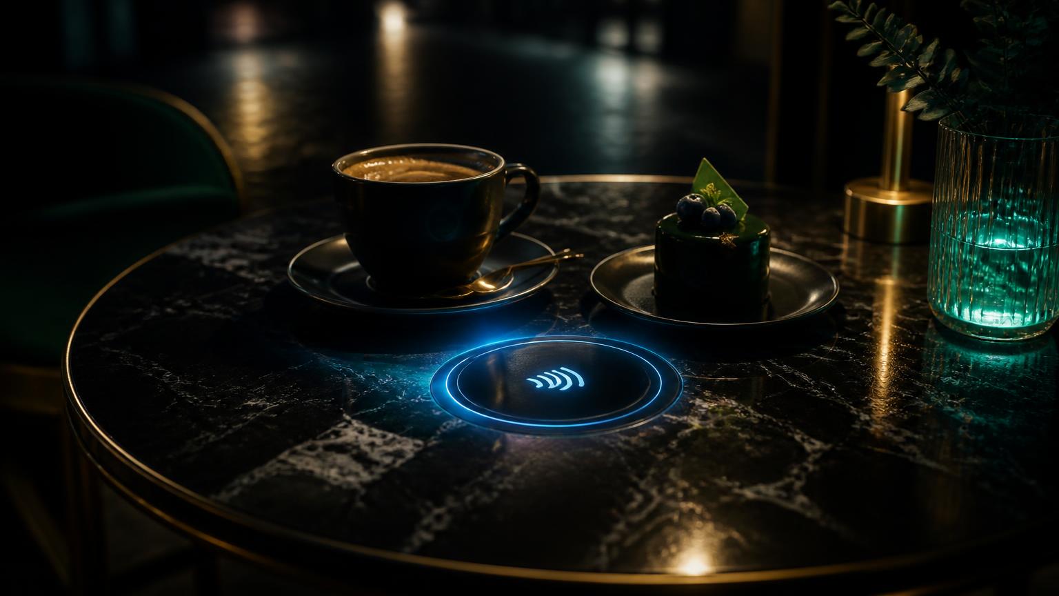 Marble café table at night with a glowing NFC payment zone
